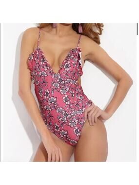 NWOT Rove Holiday Ruffle One Piece Swimsuit Pink Scarlet Blossom Floral L